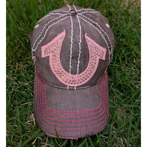 True Religion Distressed Hat Cap Linen Adjustable Pink Horseshoe Embroidered main image 8
